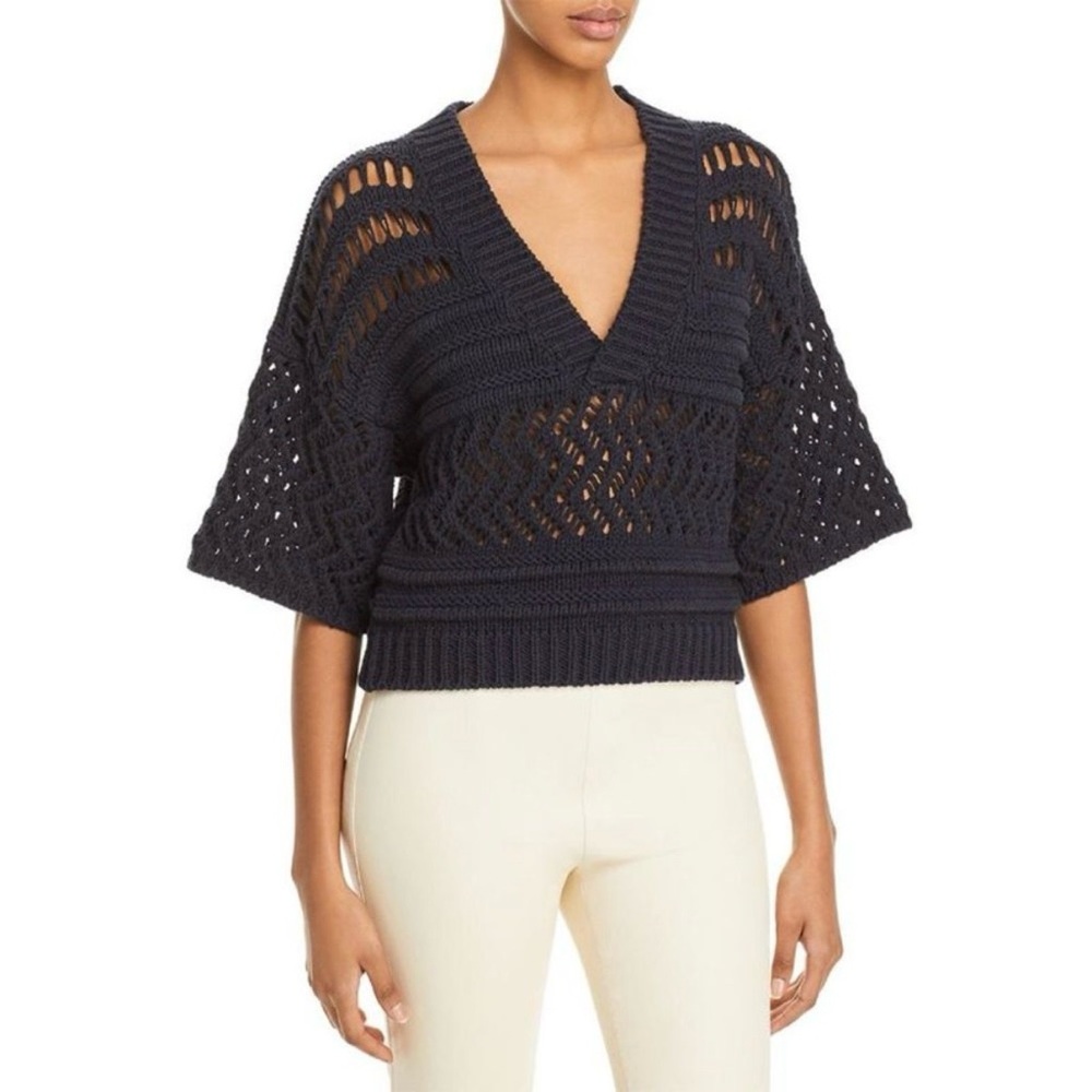 IRO Annie Black V-Neck Sweater Summer Crochet Open Knit Coverup